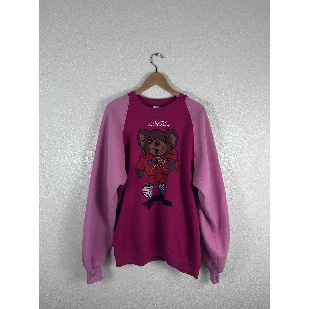 Vintage 90s Lake Tahoe Teddy Bear Pink Raglan Sweatshirt USA Made XL